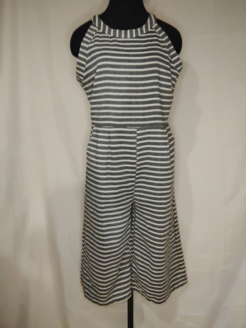 Sleeveless Gray & White Striped Wide-Leg Jumpsuit